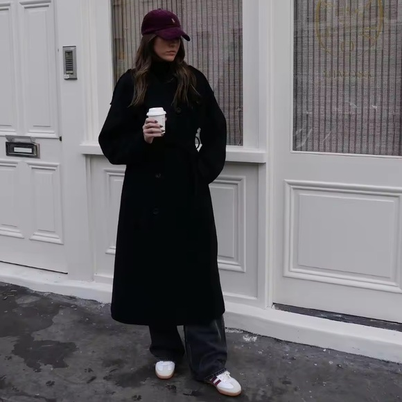 Pea coat long black belted winter fall women’s button - Picture 3 of 7